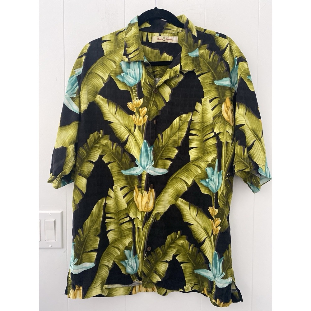 VTG‎ Tommy Bahama Short Sleeve Silk Shirt Mens Large Black Green Tropical